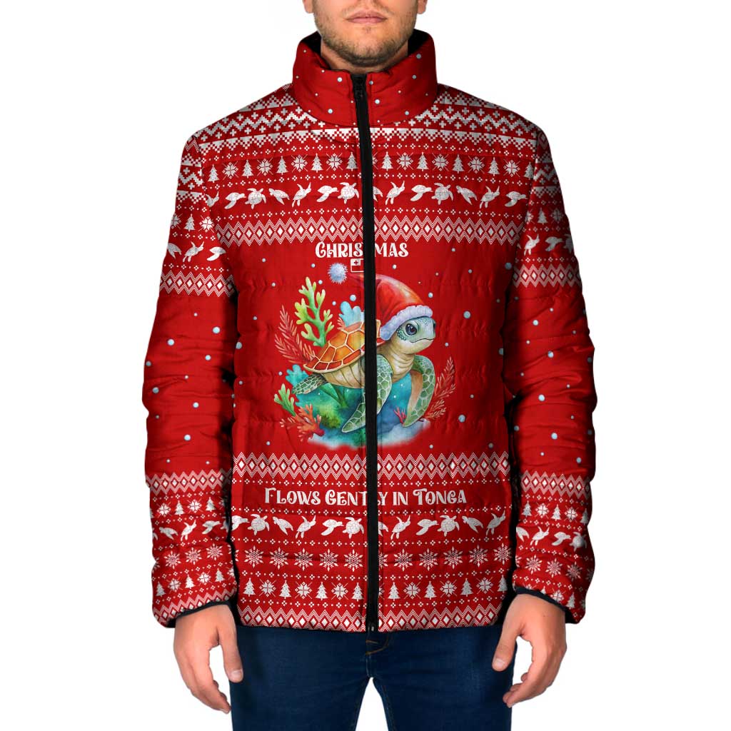 Tonga Christmas Padded Jacket with Sea Turtle Coral Reef Design Snowflake Pattern and National Emblem TS04 Men Red White - Polynesian Pride