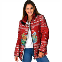 Tonga Christmas Padded Jacket with Sea Turtle Coral Reef Design Snowflake Pattern and National Emblem TS04 Women Red White - Polynesian Pride