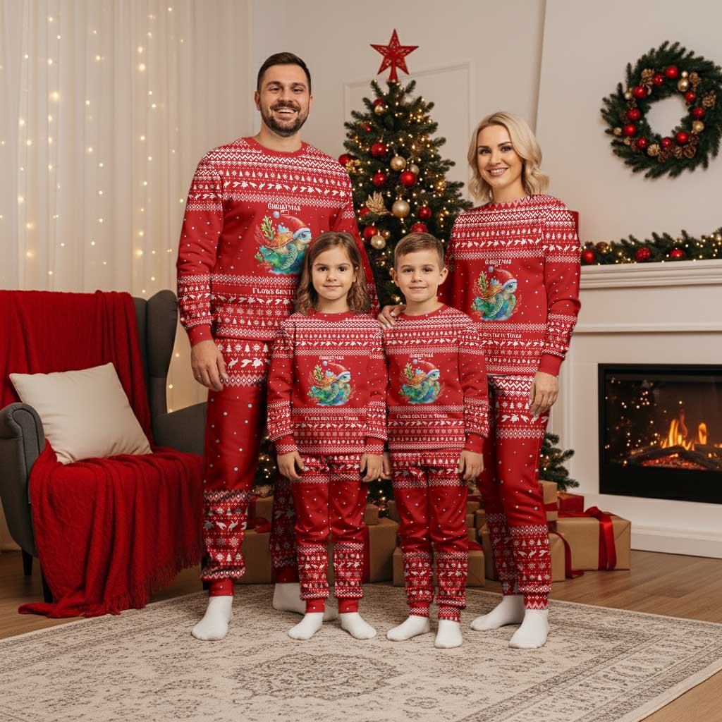 Tonga Christmas Pajama Set with Sea Turtle Coral Reef Design Snowflake Pattern and National Emblem TS04 Men Red White - Polynesian Pride