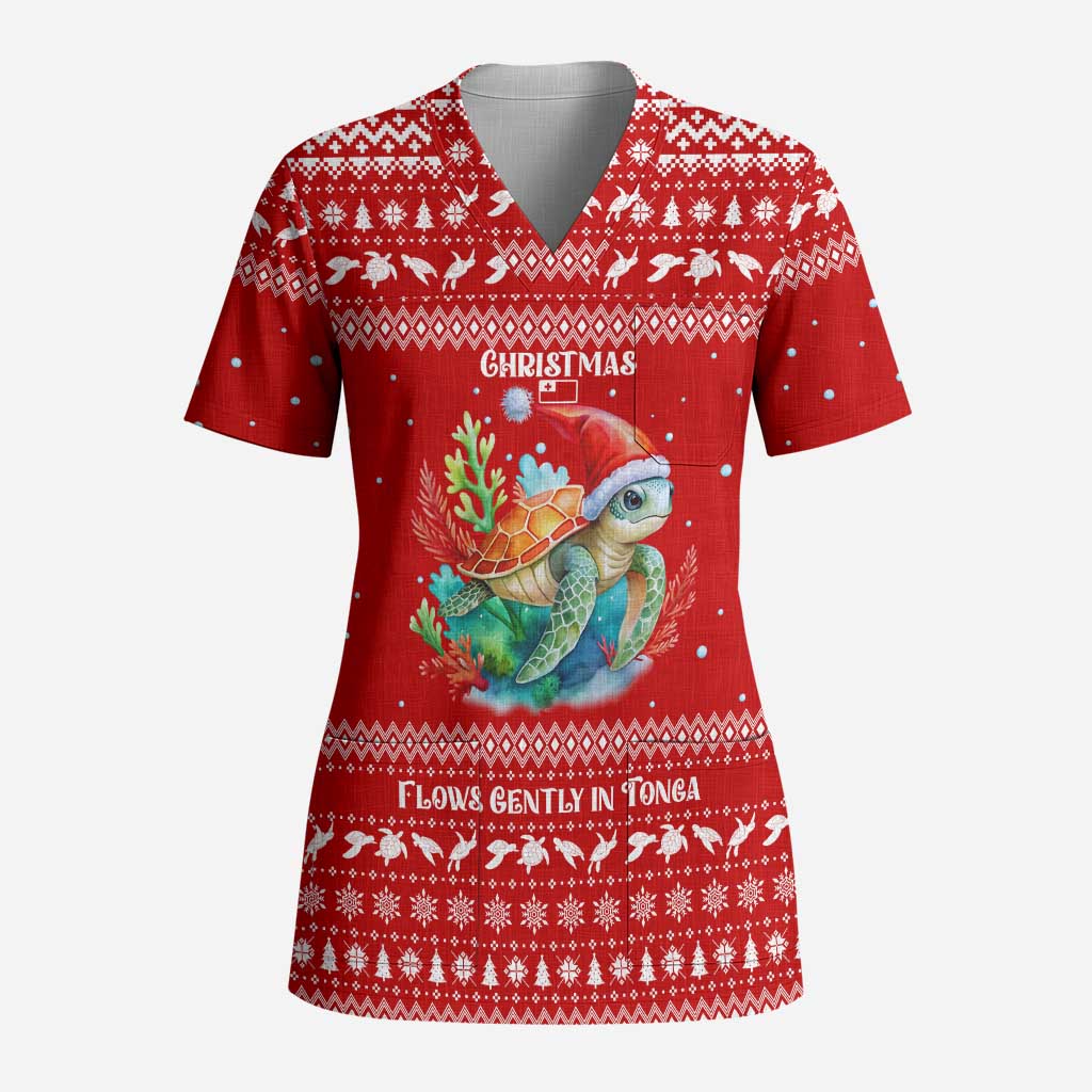 Tonga Christmas Scrub Top with Sea Turtle Coral Reef Design Snowflake Pattern and National Emblem TS04 Adult Red White - Polynesian Pride
