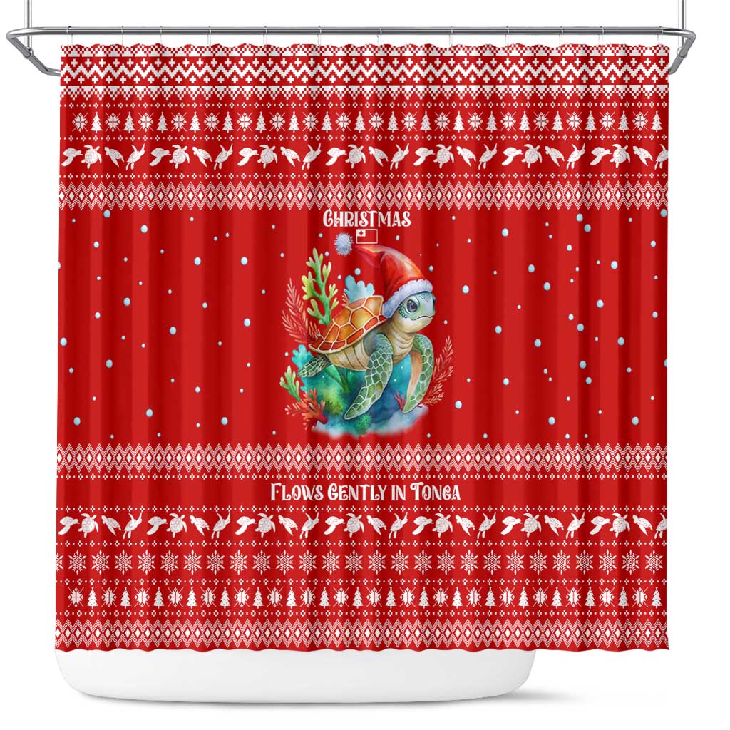 Tonga Christmas Shower Curtain with Sea Turtle Coral Reef Design Snowflake Pattern and National Emblem TS04 Red White - Polynesian Pride