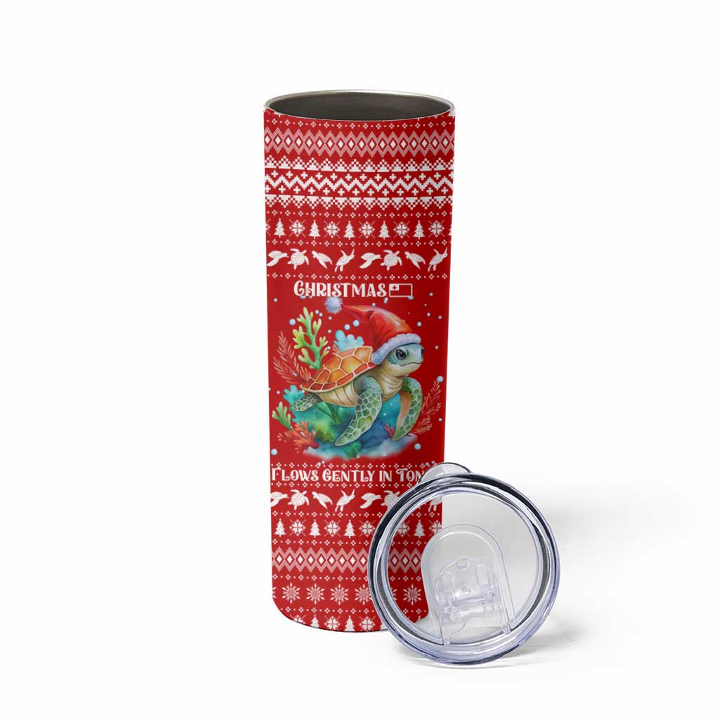 Tonga Christmas Skinny Tumbler with Sea Turtle Coral Reef Design Snowflake Pattern and National Emblem TS04 - Polynesian Pride