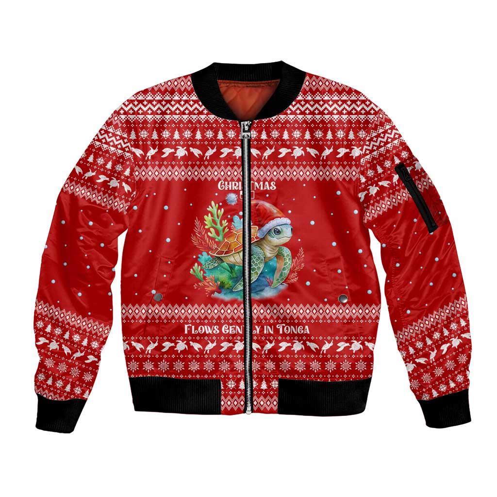 Tonga Christmas Sleeve Zip Bomber Jacket with Sea Turtle Coral Reef Design Snowflake Pattern and National Emblem TS04 Unisex Red White - Polynesian Pride