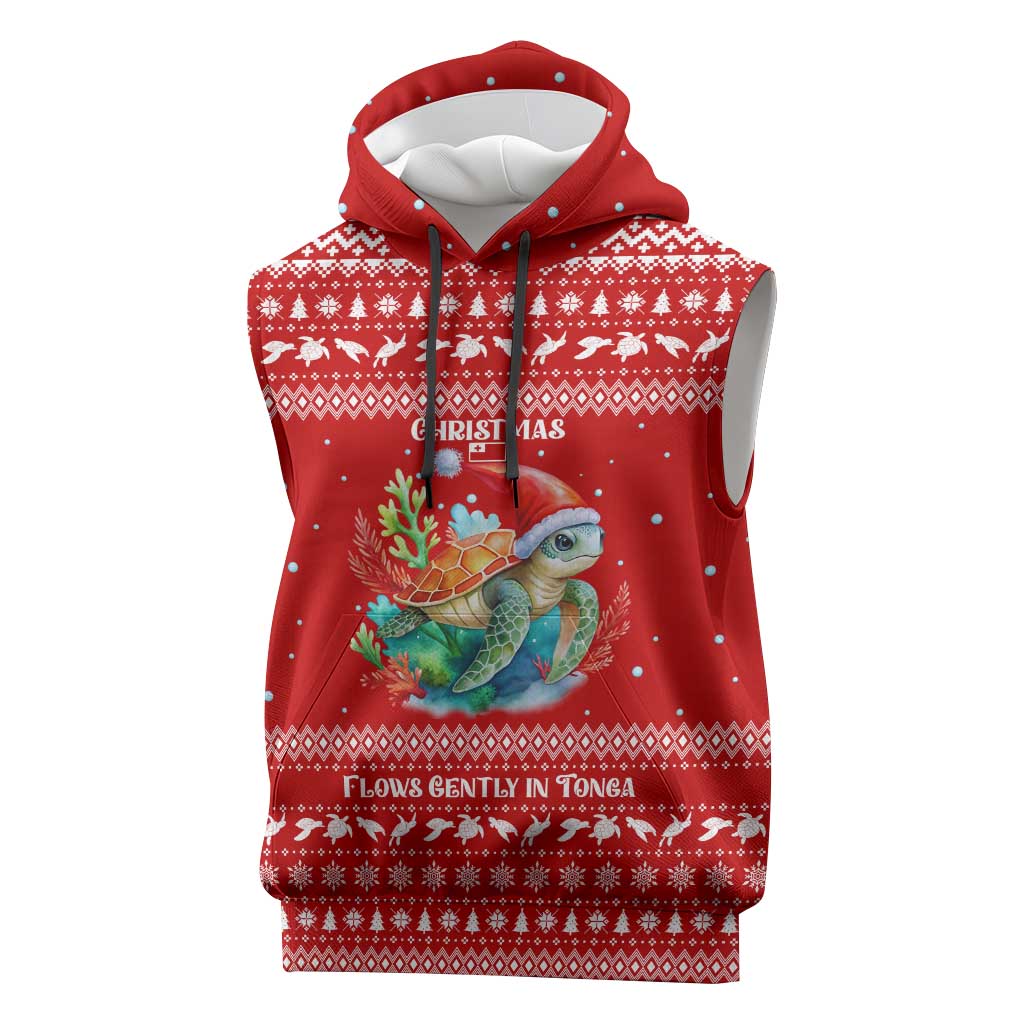 Tonga Christmas Sleeveless Hoodie with Sea Turtle Coral Reef Design Snowflake Pattern and National Emblem TS04 Red White - Polynesian Pride