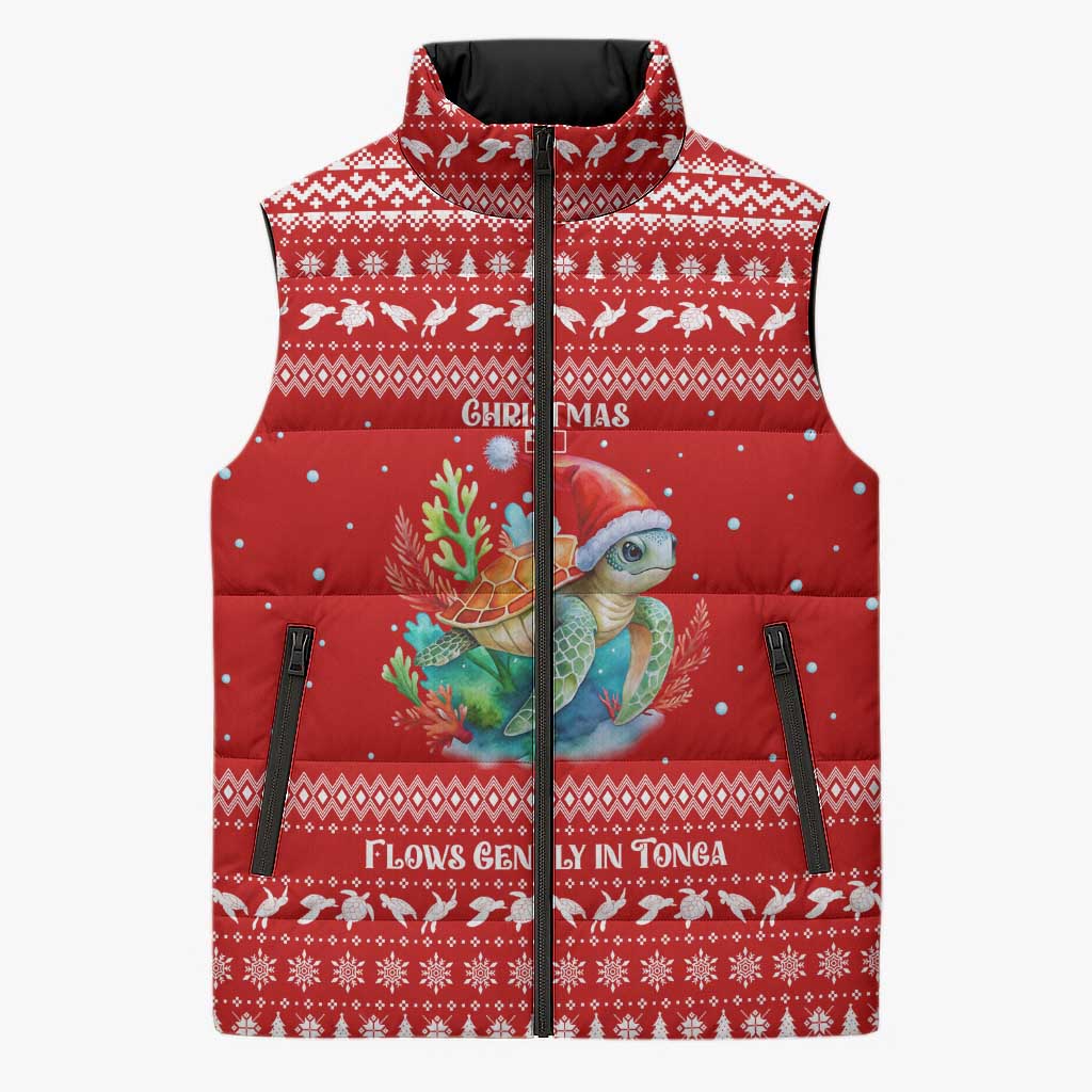 Tonga Christmas Sleeveless Puffer Jacket with Sea Turtle Coral Reef Design Snowflake Pattern and National Emblem TS04 Unisex Red White - Polynesian Pride