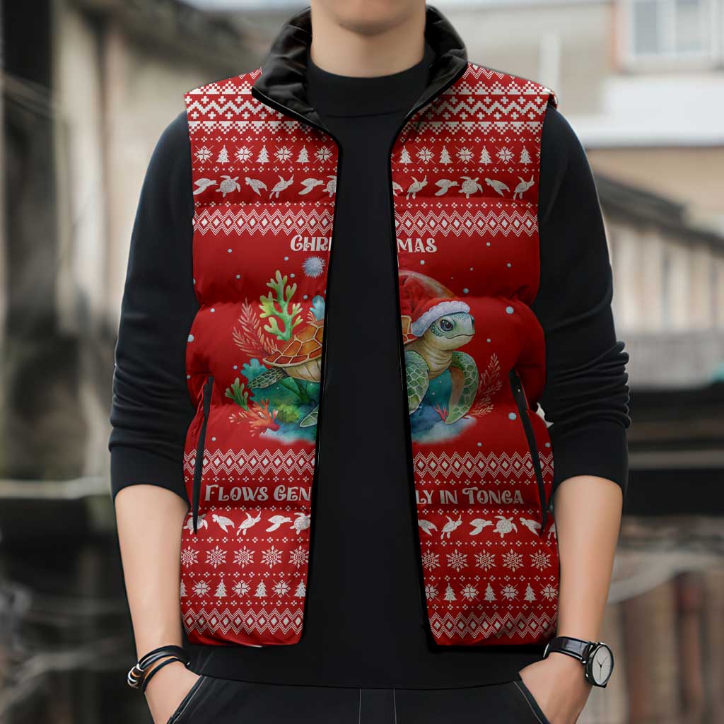 Tonga Christmas Sleeveless Puffer Jacket with Sea Turtle Coral Reef Design Snowflake Pattern and National Emblem TS04 - Polynesian Pride