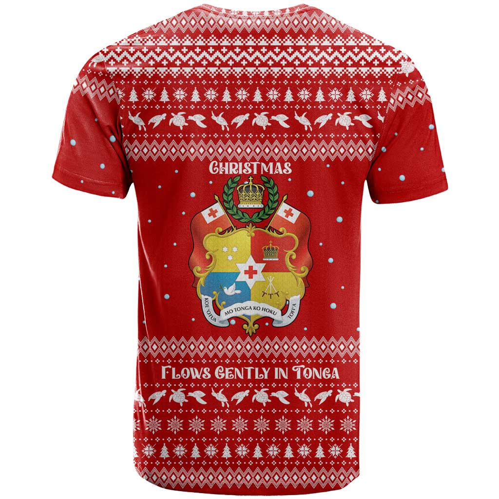 Tonga Christmas T Shirt with Sea Turtle Coral Reef Design Snowflake Pattern and National Emblem TS04 - Polynesian Pride