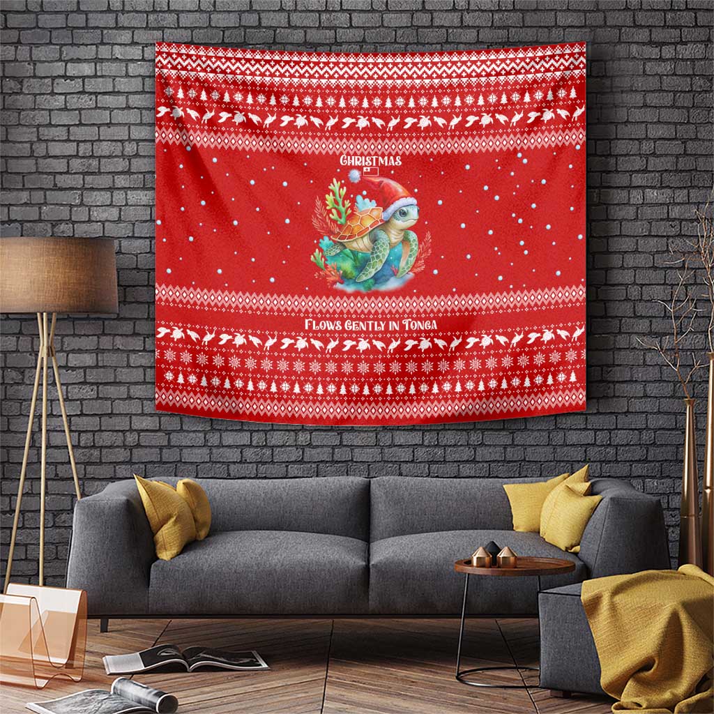 Tonga Christmas Tapestry with Sea Turtle Coral Reef Design Snowflake Pattern and National Emblem TS04 Red White - Polynesian Pride