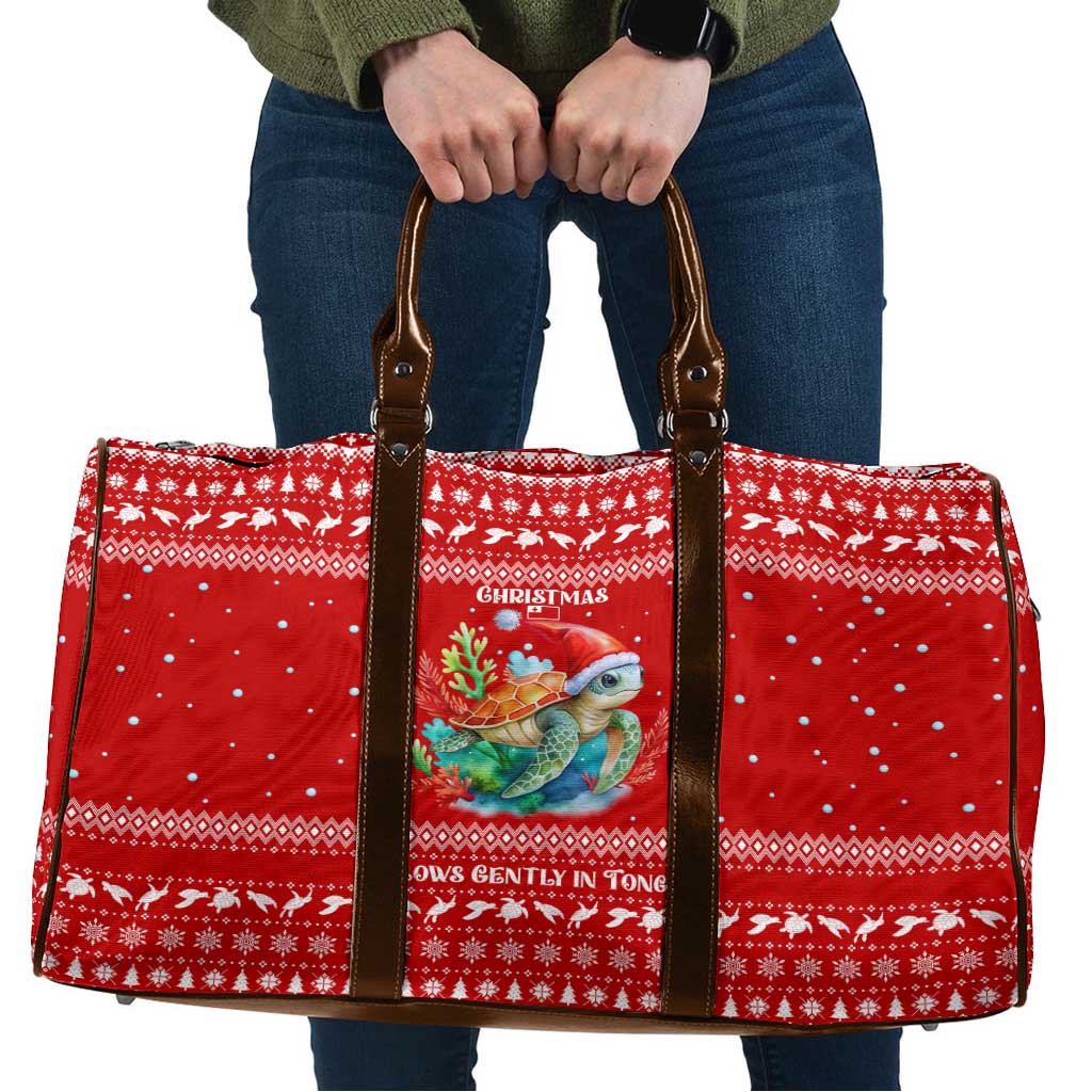 Tonga Christmas Travel Bag with Sea Turtle Coral Reef Design Snowflake Pattern and National Emblem TS04 Red White - Polynesian Pride