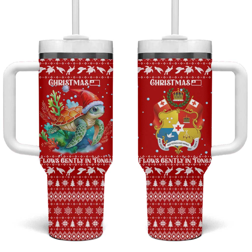Tonga Christmas Tumbler With Handle with Sea Turtle Coral Reef Design Snowflake Pattern and National Emblem TS04 One Size: 40 oz Red White - Polynesian Pride