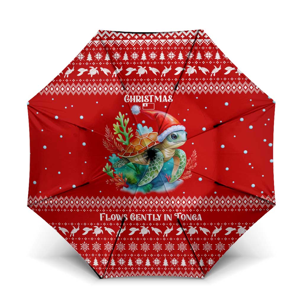 Tonga Christmas Umbrella with Sea Turtle Coral Reef Design Snowflake Pattern and National Emblem TS04 One Size Folded 11.42 inch Opened Diameter 37.4 inch Red White - Polynesian Pride