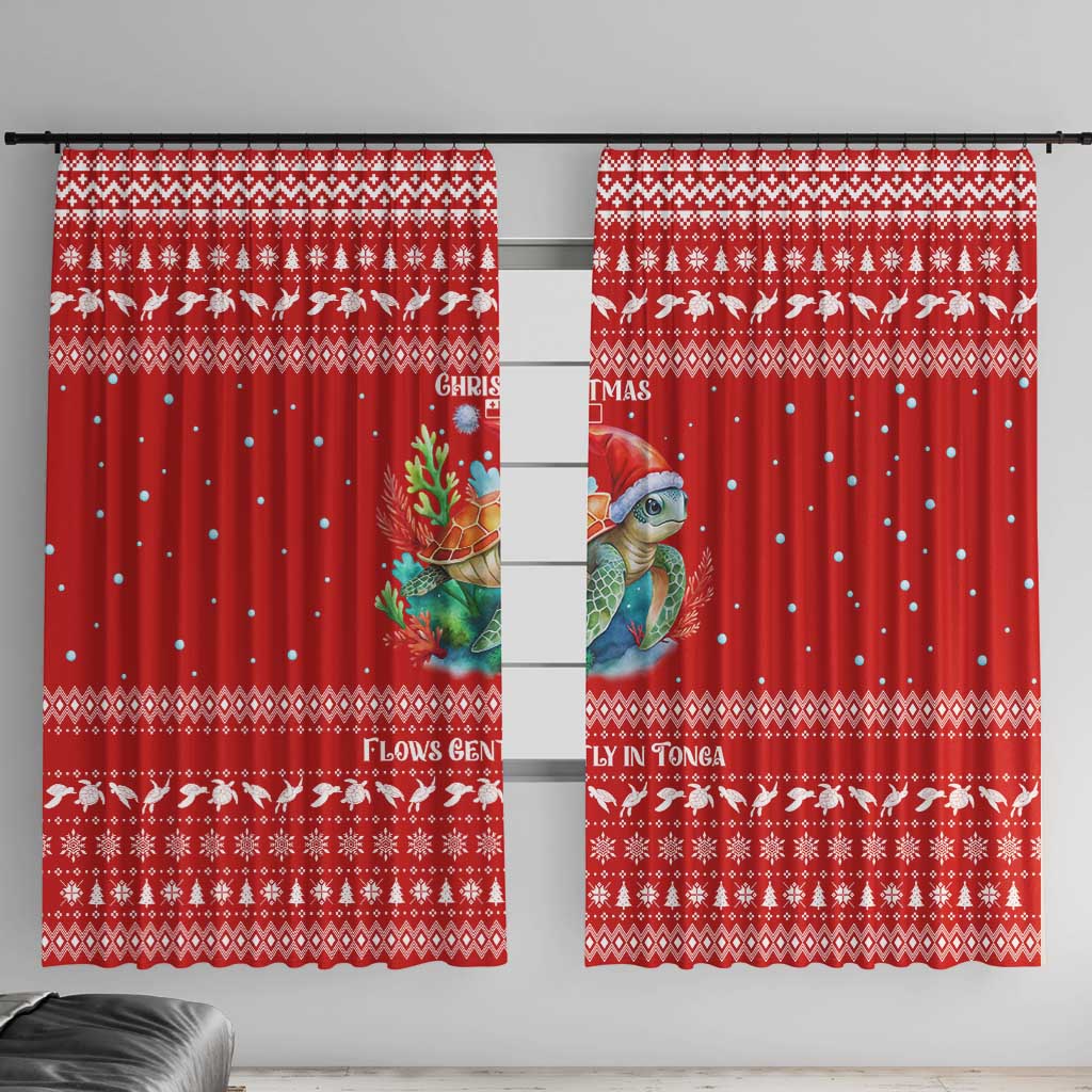 Tonga Christmas Window Curtain with Sea Turtle Coral Reef Design Snowflake Pattern and National Emblem TS04 With Hooks Red White - Polynesian Pride