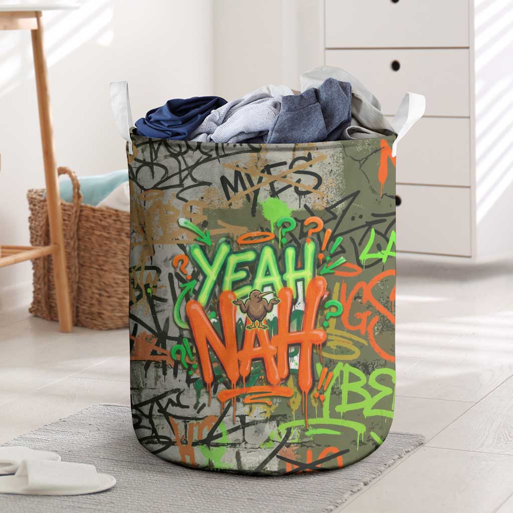 Yeah Nah Graffiti Skull New Zealand Slang Laundry Basket Kiwi Grunge Brick Wall and Bold Urban Street Art TS04 Multicolor - Polynesian Pride