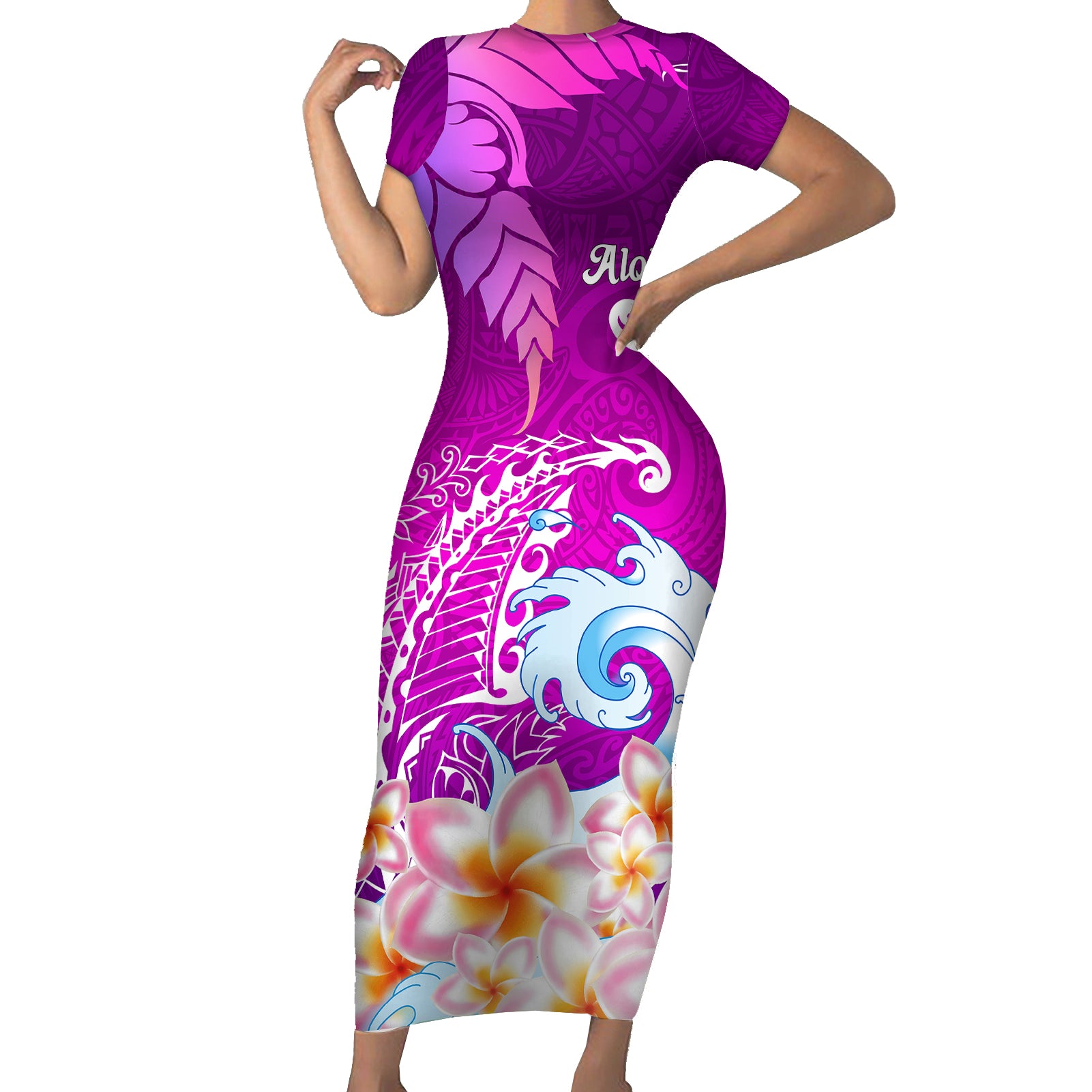 Hawaii Plumeria Flower Short Sleeve Bodycon Dress Plumeria FLowers And Polynesian Pattern TS04 Long Dress Gradient - Polynesian Pride