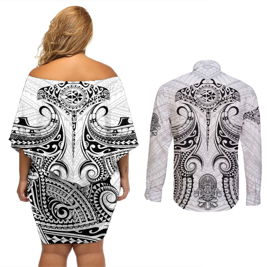 Hawaii Polynesian Couples Matching Off Shoulder Short Dress and Long Sleeve Button Shirts Warrior symbol TS04 - Polynesian Pride