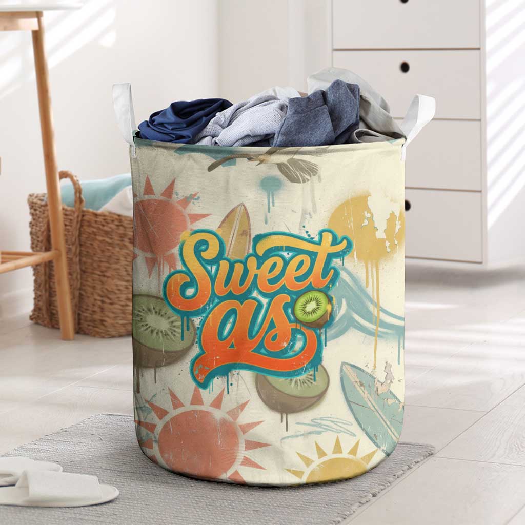 NZ Slang Sweet As Kiwi Shaka Sign Laundry Basket New Zealand Surfboards Sun and Tropical Beach Retro TS04 Beige - Polynesian Pride