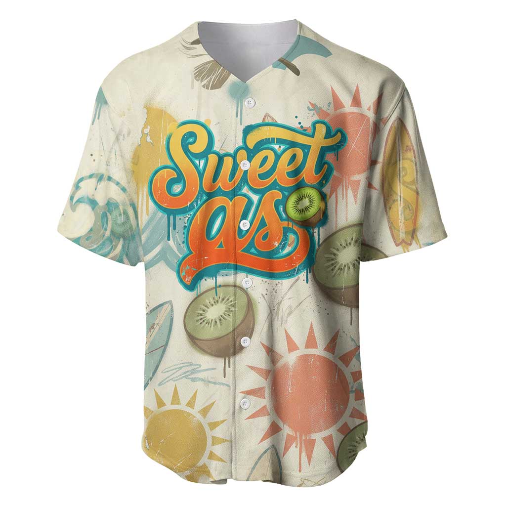 NZ Slang Sweet As Kiwi Shaka Sign Baseball Jersey New Zealand Surfboards Sun and Tropical Beach Retro TS04 Beige - Polynesian Pride