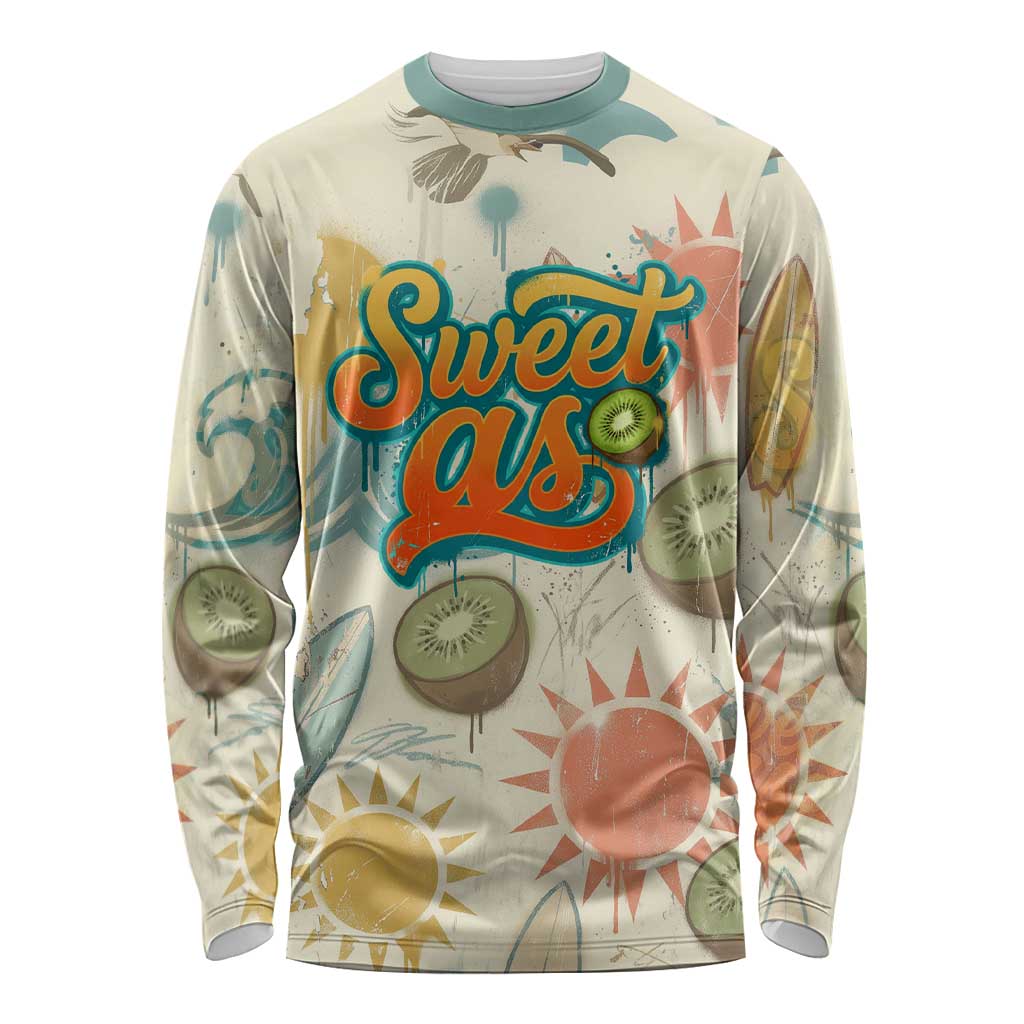 NZ Slang Sweet As Kiwi Shaka Sign Long Sleeve Shirt New Zealand Surfboards Sun and Tropical Beach Retro TS04 Unisex Beige - Polynesian Pride