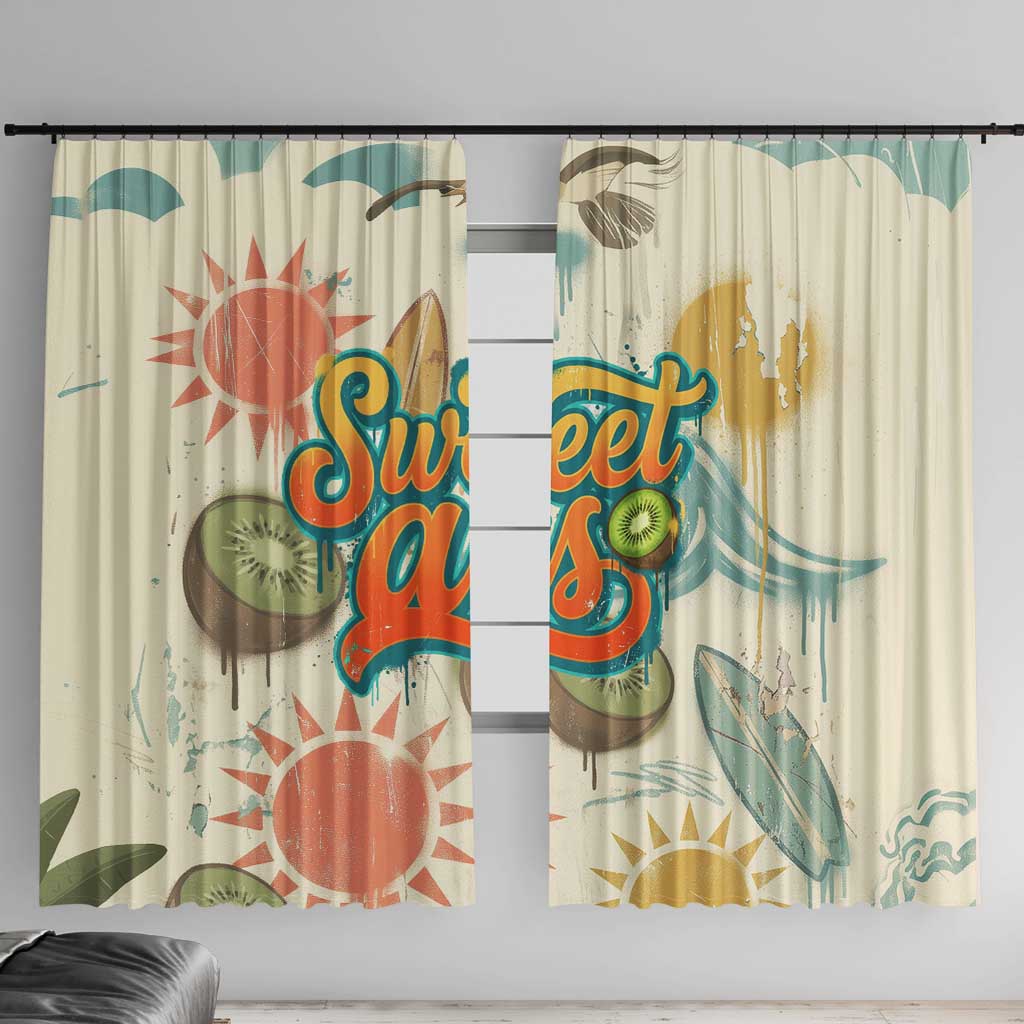 NZ Slang Sweet As Kiwi Shaka Sign Window Curtain New Zealand Surfboards Sun and Tropical Beach Retro TS04 With Hooks Beige - Polynesian Pride