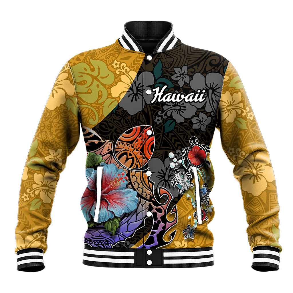 Hawaii Polynesian Baseball Jacket Turtles and Hibiscus Flower Gradient Pattern TS04 Unisex Multicolor - Polynesian Pride
