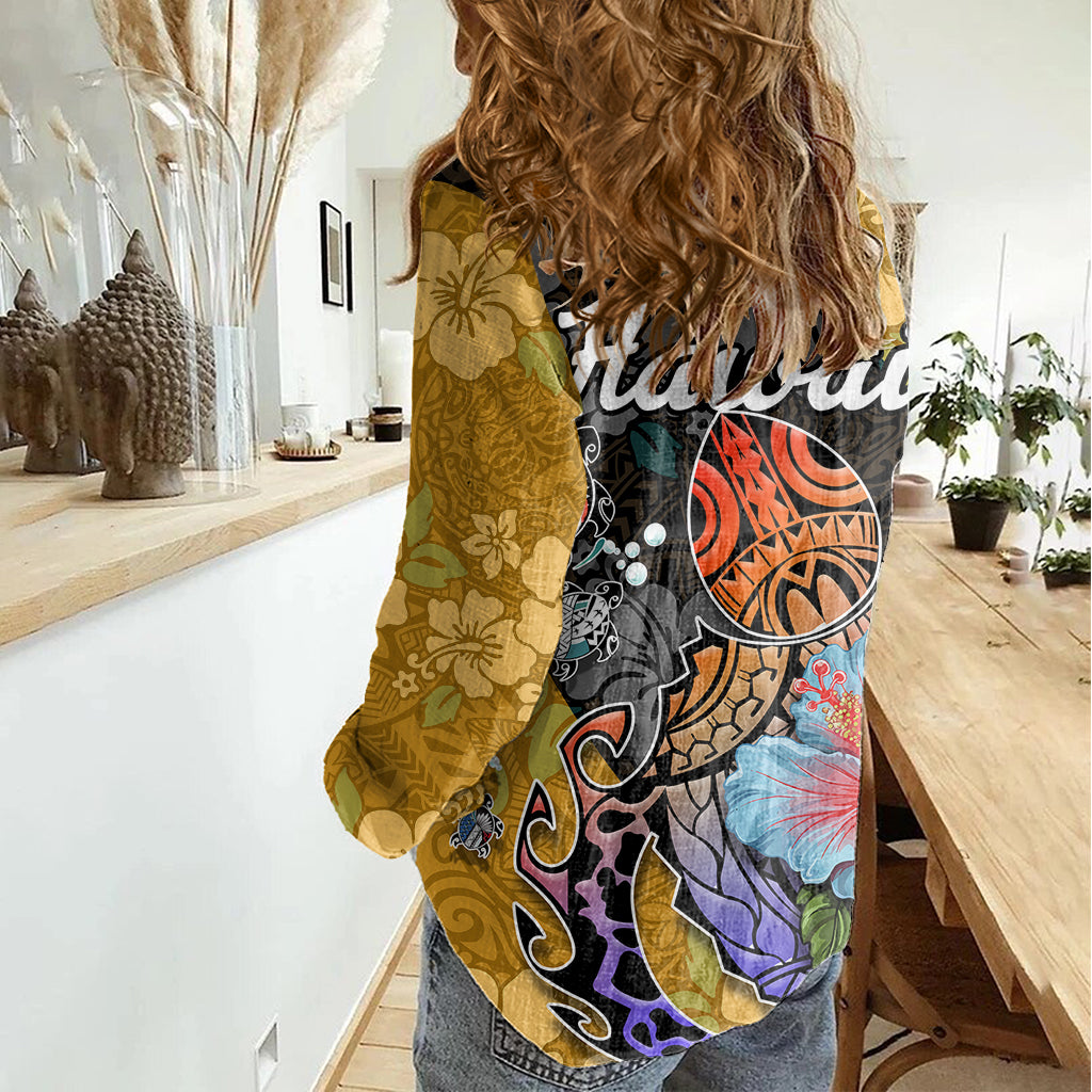 Hawaii Polynesian Women Casual Shirt Turtles and Hibiscus Flower Gradient Pattern TS04 - Polynesian Pride