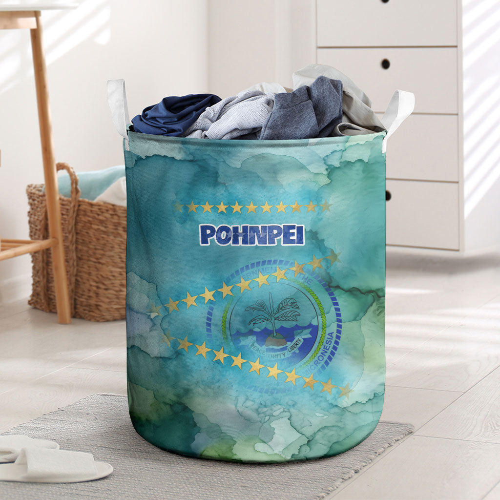 Pohnpei Federated States Of Micronesia Laundry Basket Watercolor Heritage Graphic Art With State Seal And Tropical Stars TS04 Blue Green - Polynesian Pride