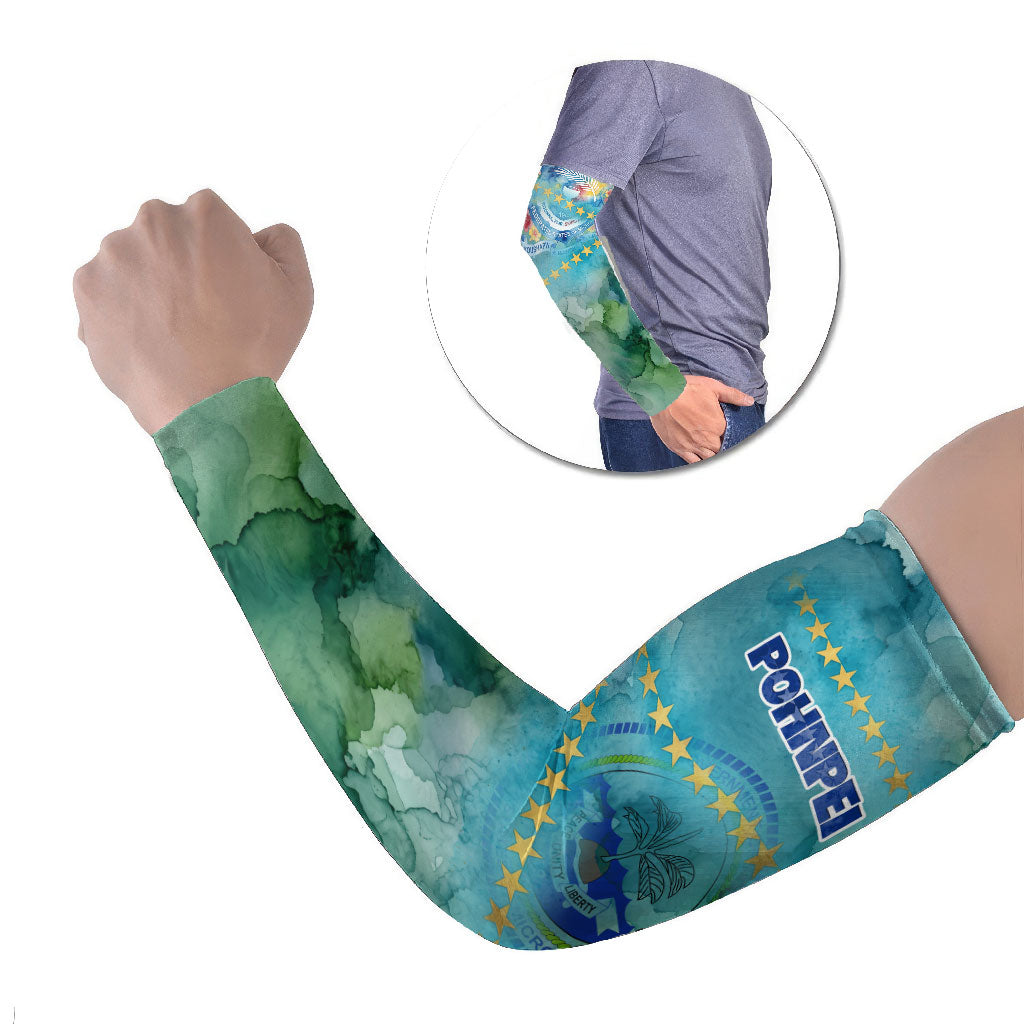 Pohnpei Federated States Of Micronesia Arm Sleeves Watercolor Heritage Graphic Art With State Seal And Tropical Stars TS04 Set of 2 Blue Green - Polynesian Pride