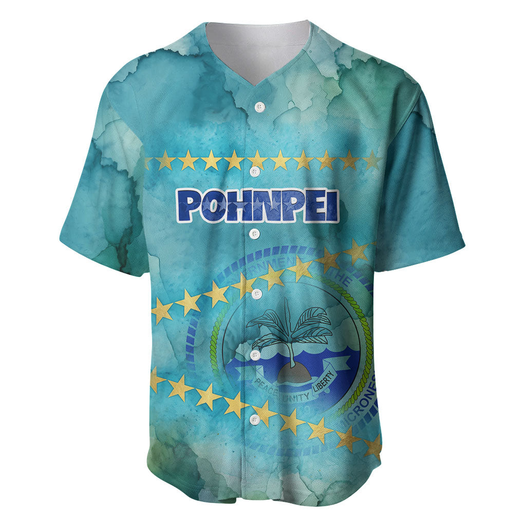 Pohnpei Federated States Of Micronesia Baseball Jersey Watercolor Heritage Graphic Art With State Seal And Tropical Stars TS04 Blue Green - Polynesian Pride