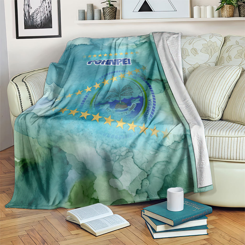 Pohnpei Federated States Of Micronesia Blanket Watercolor Heritage Graphic Art With State Seal And Tropical Stars TS04 Blue Green - Polynesian Pride