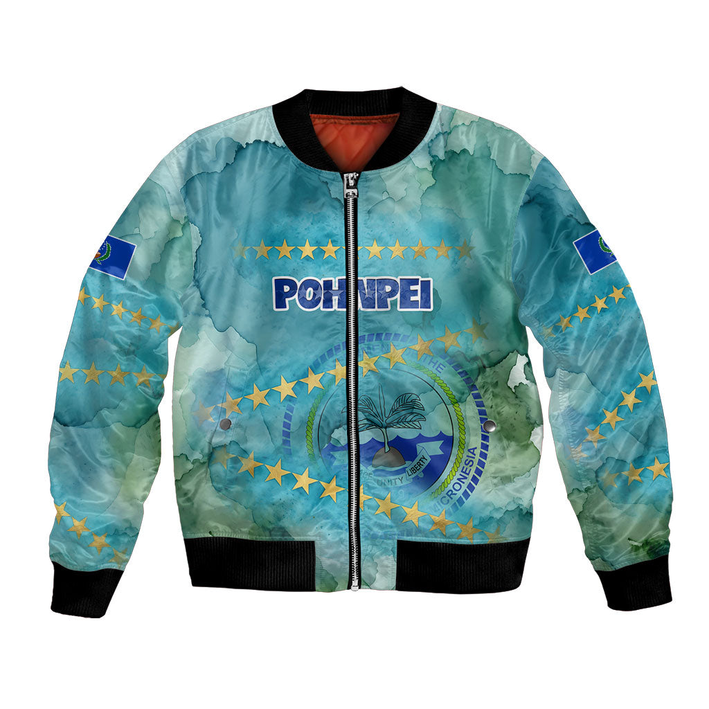 Pohnpei Federated States Of Micronesia Bomber Jacket Watercolor Heritage Graphic Art With State Seal And Tropical Stars TS04 Unisex Blue Green - Polynesian Pride