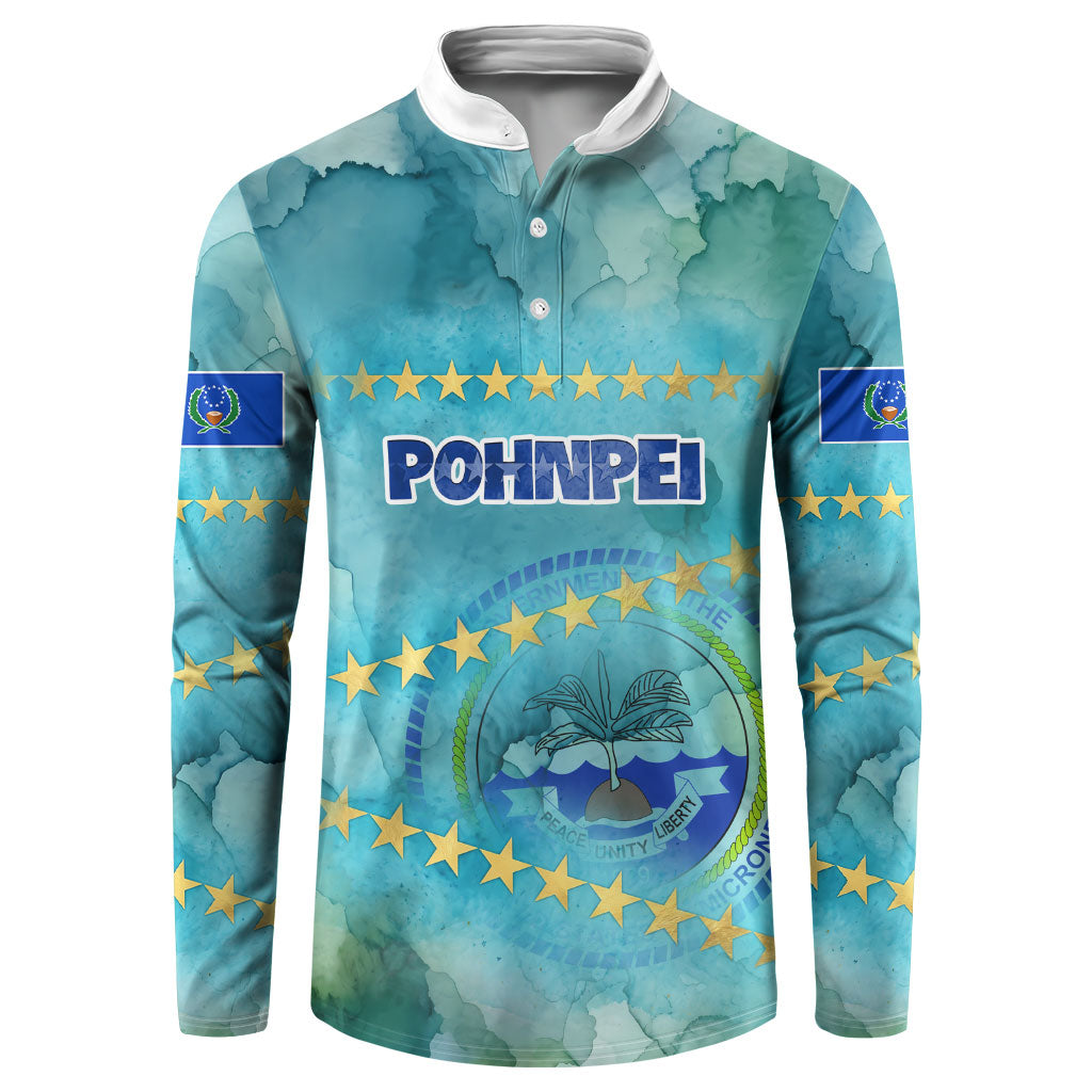 Pohnpei Federated States Of Micronesia Button Sweatshirt Watercolor Heritage Graphic Art With State Seal And Tropical Stars TS04 Blue Green - Polynesian Pride
