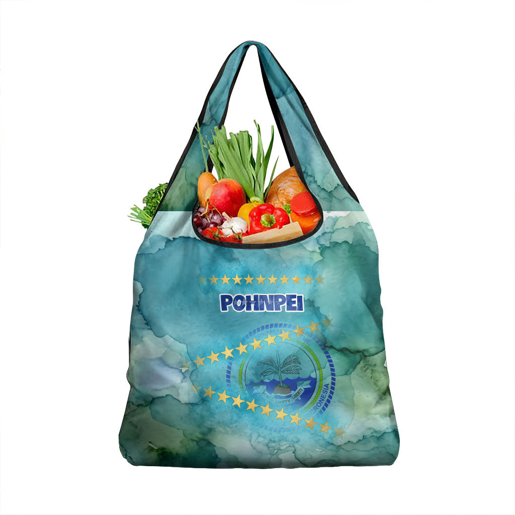 Pohnpei Federated States Of Micronesia Grocery Bag Watercolor Heritage Graphic Art With State Seal And Tropical Stars TS04 1-pack One Size Blue Green - Polynesian Pride
