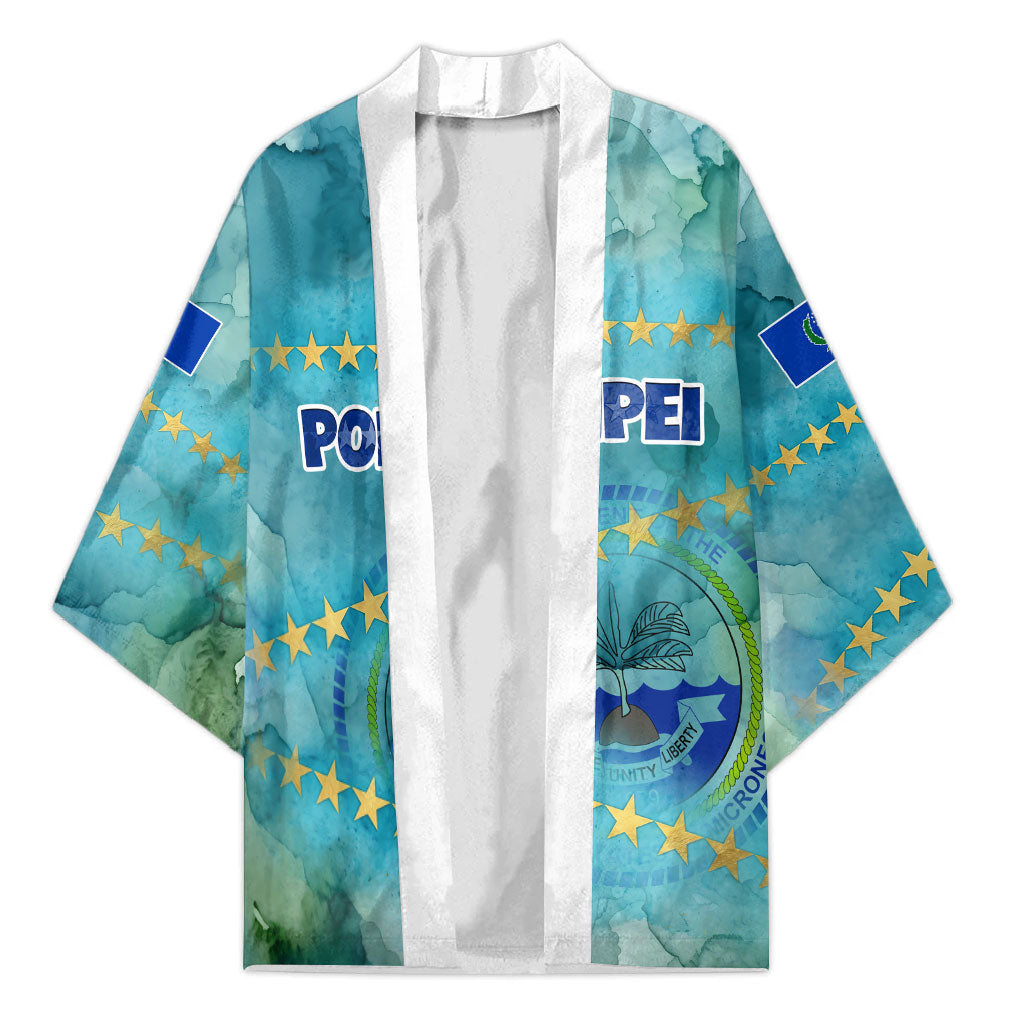 Pohnpei Federated States Of Micronesia Kimono Watercolor Heritage Graphic Art With State Seal And Tropical Stars TS04 Unisex Blue Green - Polynesian Pride