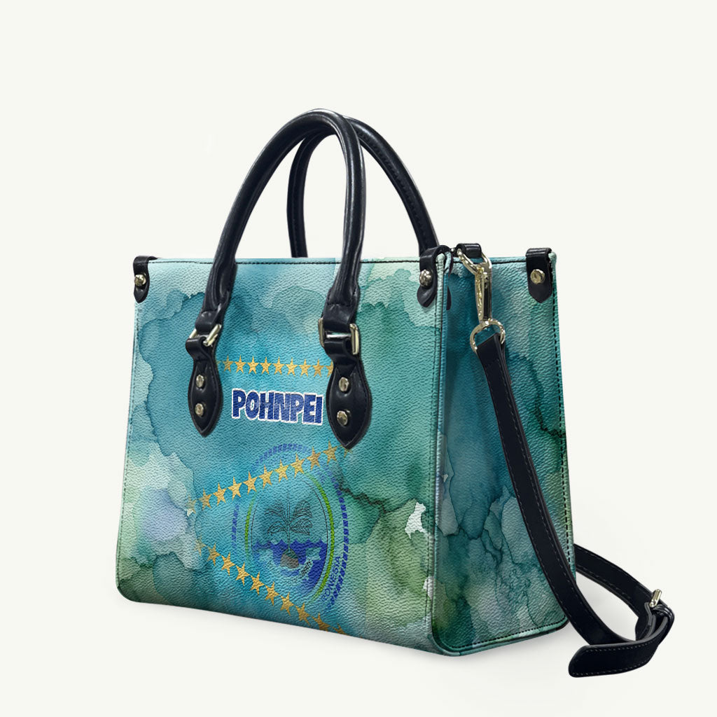 Pohnpei Federated States Of Micronesia Leather Bag Watercolor Heritage Graphic Art With State Seal And Tropical Stars TS04 Blue Green - Polynesian Pride