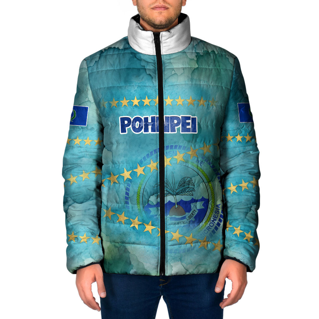 Pohnpei Federated States Of Micronesia Padded Jacket Watercolor Heritage Graphic Art With State Seal And Tropical Stars TS04 Men Blue Green - Polynesian Pride