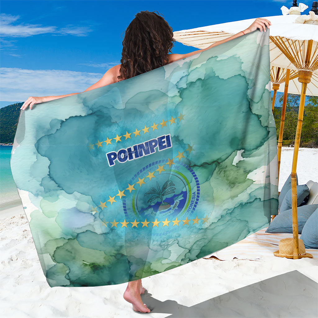 Pohnpei Federated States Of Micronesia Sarong Watercolor Heritage Graphic Art With State Seal And Tropical Stars TS04 One Size 44 x 66 inches Blue Green - Polynesian Pride