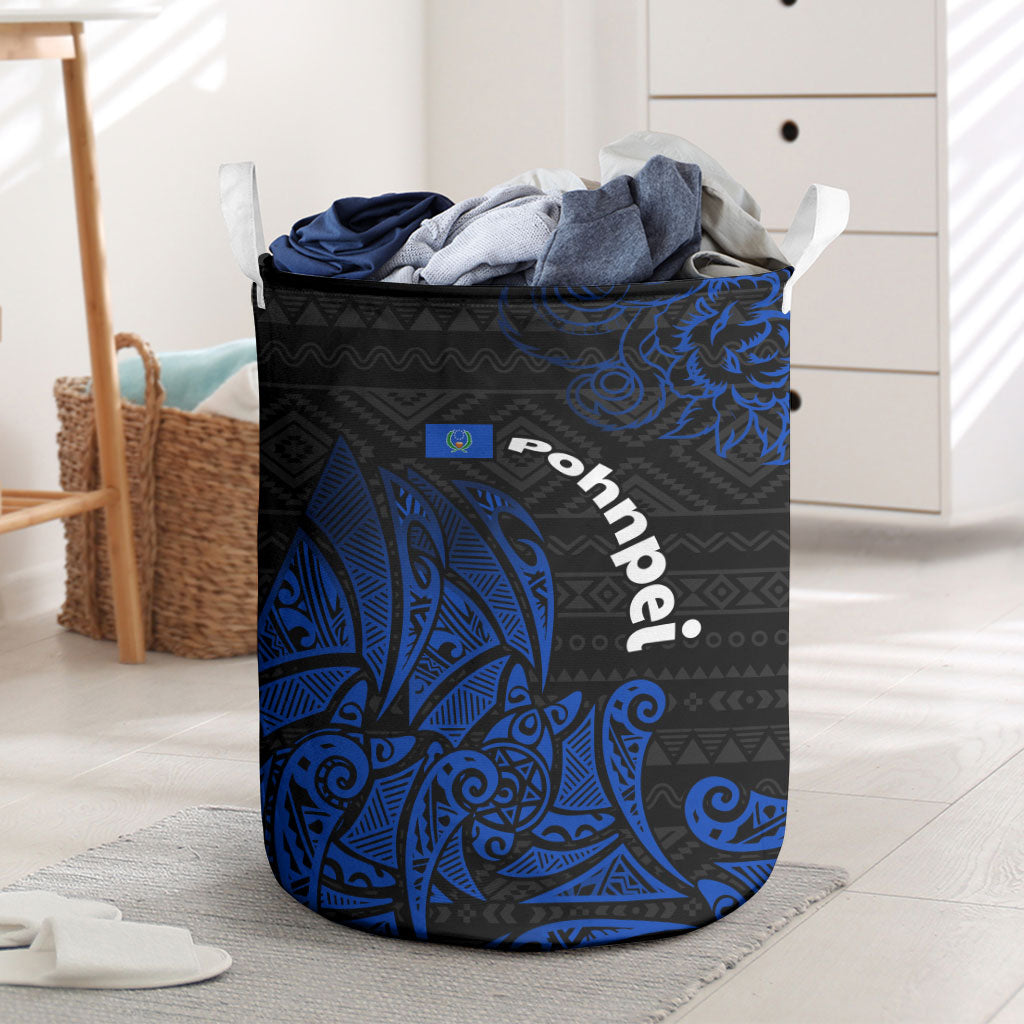 Pohnpei Federated States Of Micronesia Laundry Basket Polynesian Tribal Heritage Art With Blue Island Tattoo Patterns TS04 Black Blue - Polynesian Pride