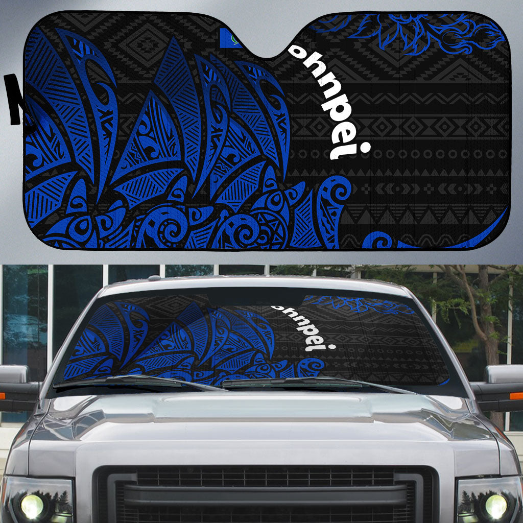 Pohnpei Federated States Of Micronesia Auto Sun Shade Polynesian Tribal Heritage Art With Blue Island Tattoo Patterns TS04 Black Blue - Polynesian Pride