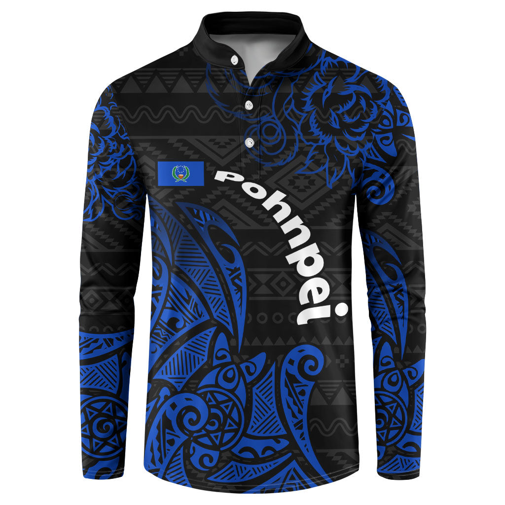 Pohnpei Federated States Of Micronesia Button Sweatshirt Polynesian Tribal Heritage Art With Blue Island Tattoo Patterns TS04 Black Blue - Polynesian Pride