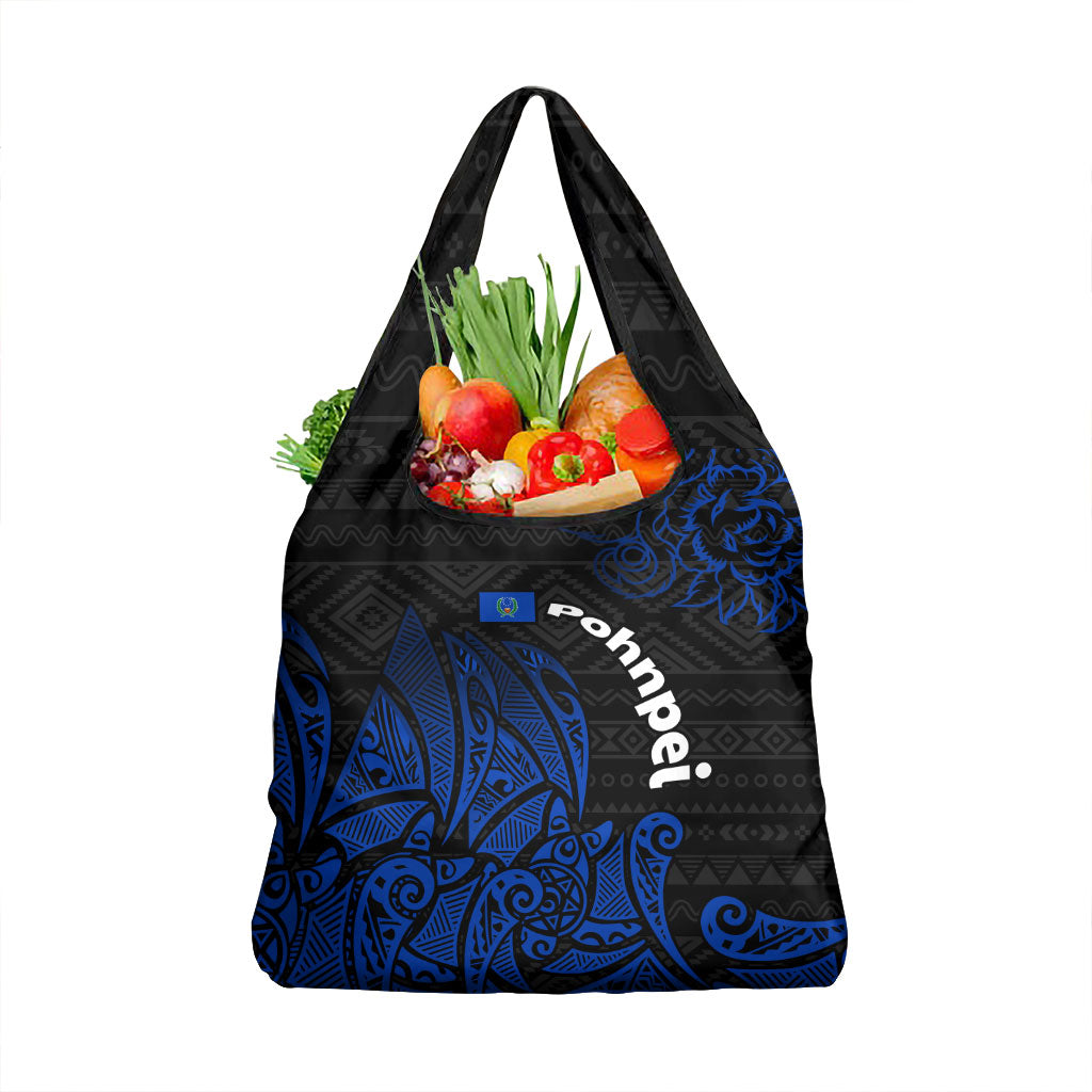 Pohnpei Federated States Of Micronesia Grocery Bag Polynesian Tribal Heritage Art With Blue Island Tattoo Patterns TS04 1-pack One Size Black Blue - Polynesian Pride