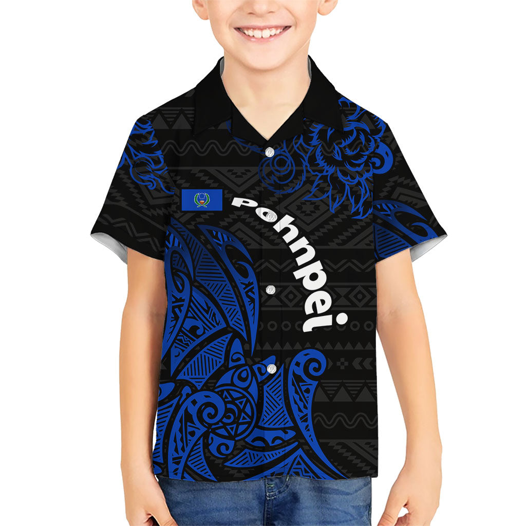 Pohnpei Federated States Of Micronesia Kid Hawaiian Shirt Polynesian Tribal Heritage Art With Blue Island Tattoo Patterns TS04 Kid Black Blue - Polynesian Pride