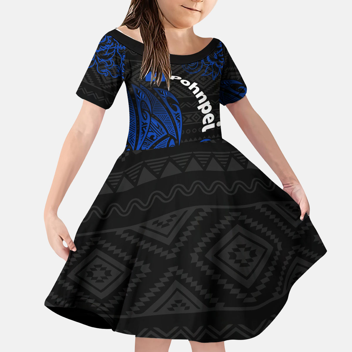 Pohnpei Federated States Of Micronesia Kid Short Sleeve Dress Polynesian Tribal Heritage Art With Blue Island Tattoo Patterns TS04 KID Black Blue - Polynesian Pride