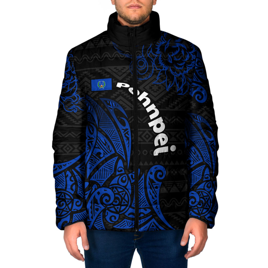 Pohnpei Federated States Of Micronesia Padded Jacket Polynesian Tribal Heritage Art With Blue Island Tattoo Patterns TS04 Men Black Blue - Polynesian Pride