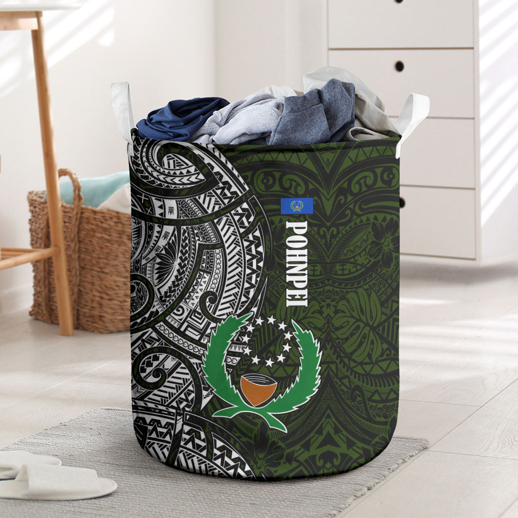 Pohnpei Federated States Of Micronesia Laundry Basket Polynesian Tribal Heritage Art With Kaselehlie State Seal TS04 Green White - Polynesian Pride