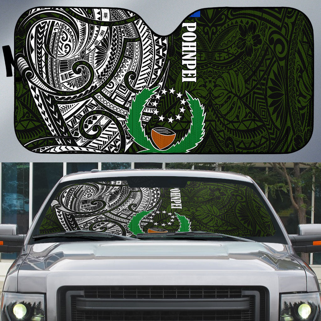 Pohnpei Federated States Of Micronesia Auto Sun Shade Polynesian Tribal Heritage Art With Kaselehlie State Seal TS04 Green White - Polynesian Pride