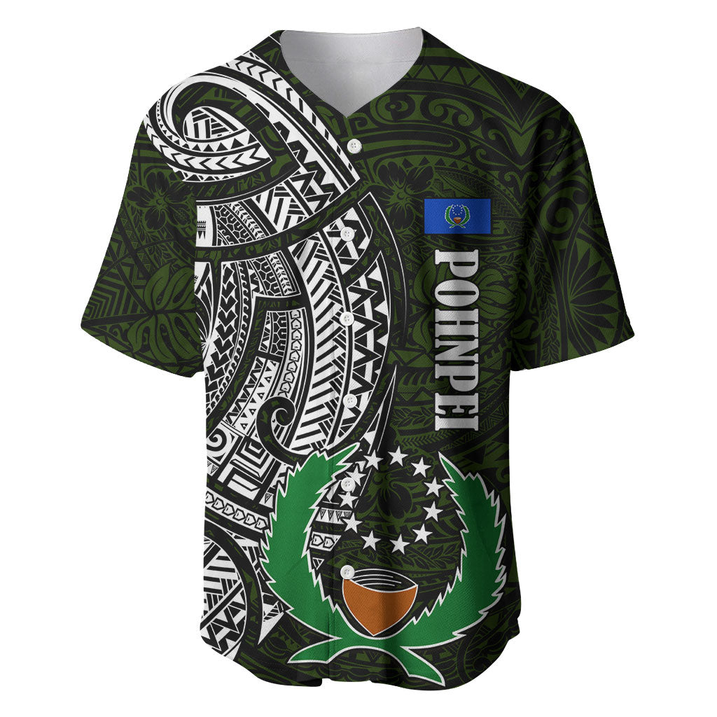 Pohnpei Federated States Of Micronesia Baseball Jersey Polynesian Tribal Heritage Art With Kaselehlie State Seal TS04 Green White - Polynesian Pride