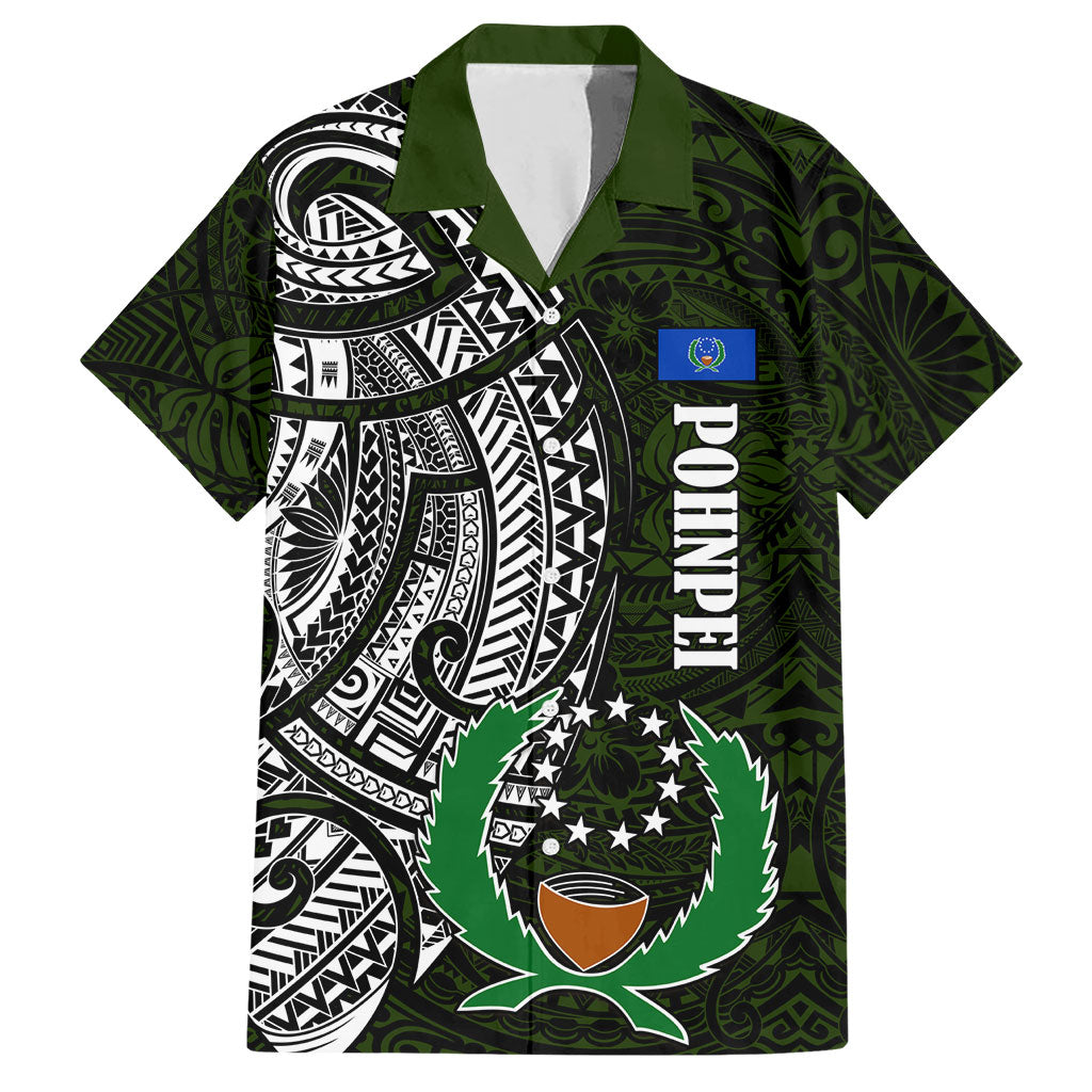Pohnpei Federated States Of Micronesia Hawaiian Shirt Polynesian Tribal Heritage Art With Kaselehlie State Seal TS04 Green White - Polynesian Pride