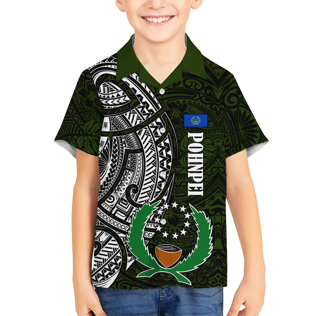 Pohnpei Federated States Of Micronesia Kid Hawaiian Shirt Polynesian Tribal Heritage Art With Kaselehlie State Seal TS04 Kid Green White - Polynesian Pride