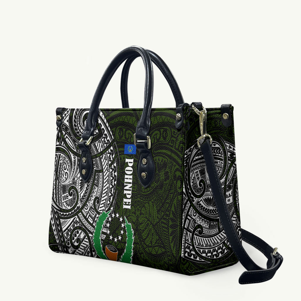 Pohnpei Federated States Of Micronesia Leather Bag Polynesian Tribal Heritage Art With Kaselehlie State Seal TS04 Green White - Polynesian Pride