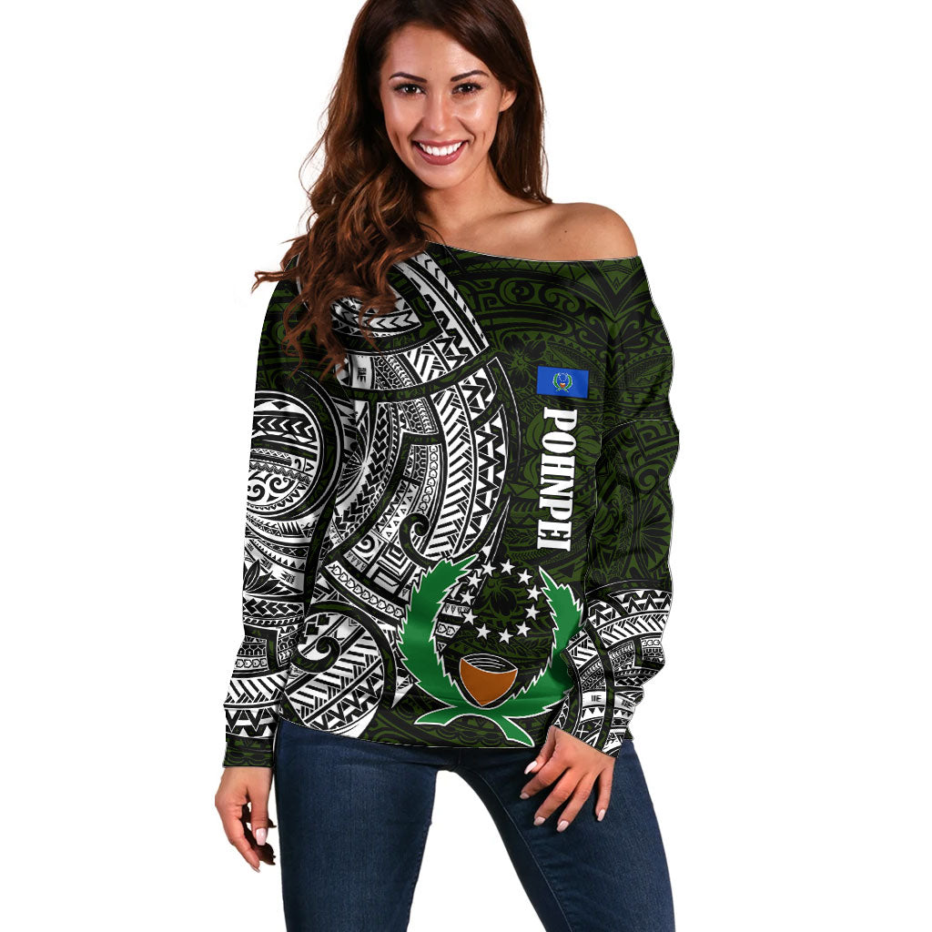 Pohnpei Federated States Of Micronesia Off Shoulder Sweater Polynesian Tribal Heritage Art With Kaselehlie State Seal TS04 Women Green White - Polynesian Pride